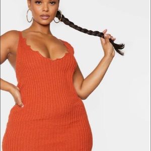 Rust Knit Scallop Edge Detail Bodycon Dress